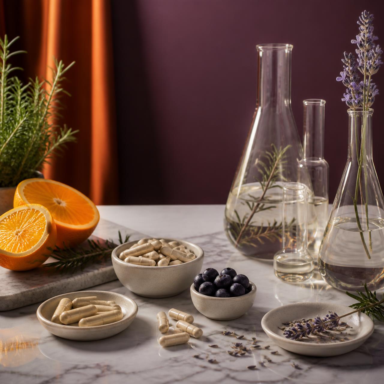 Botanical ingredients and capsules arranged beside laboratory glassware